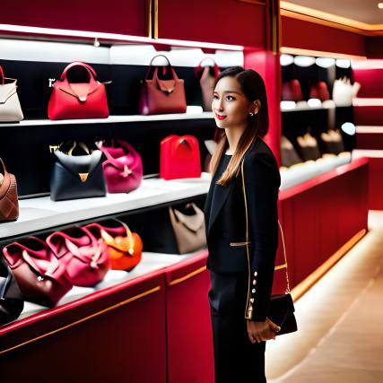 Bolsas coração expostas em vitrine de loja de luxo.